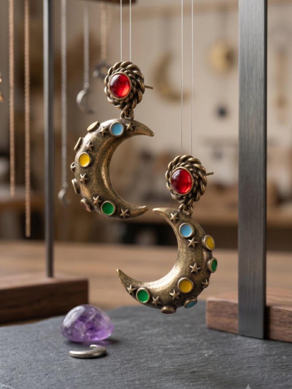 Antique Gold Crescent Moon Drop Earrings Celestial Star Multicolor Whimsigoth